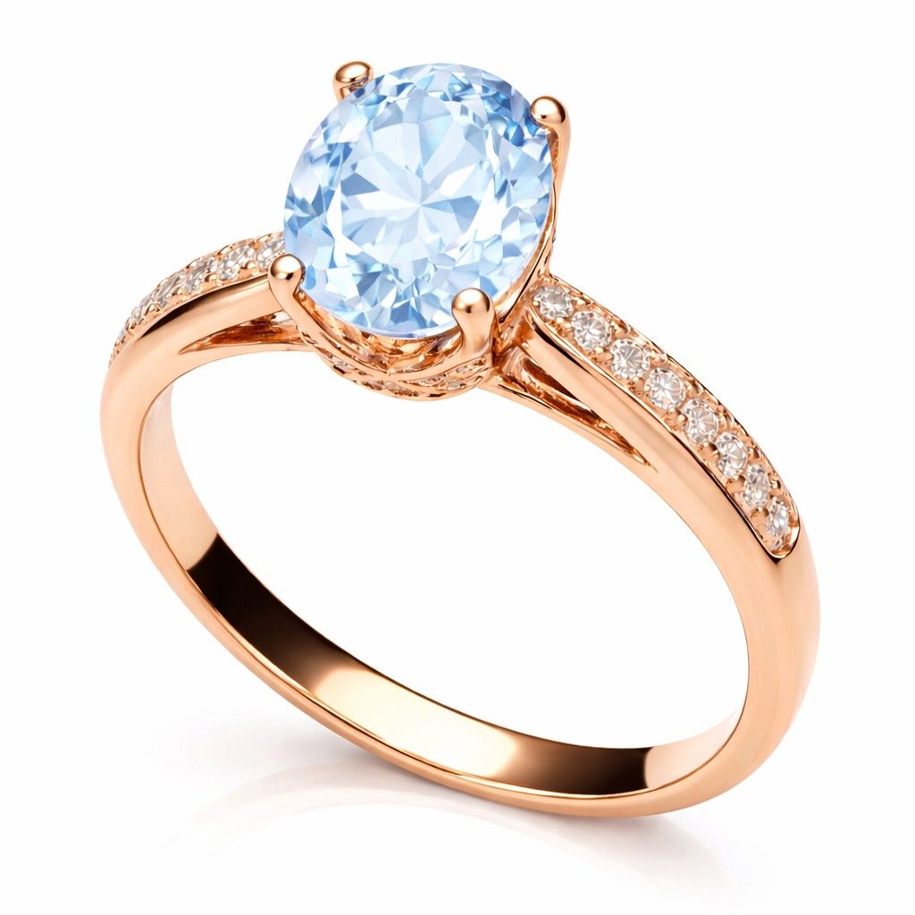 Pierścionek zaręczynowy z jasnoniebieskim kamieniem w różowym złocie